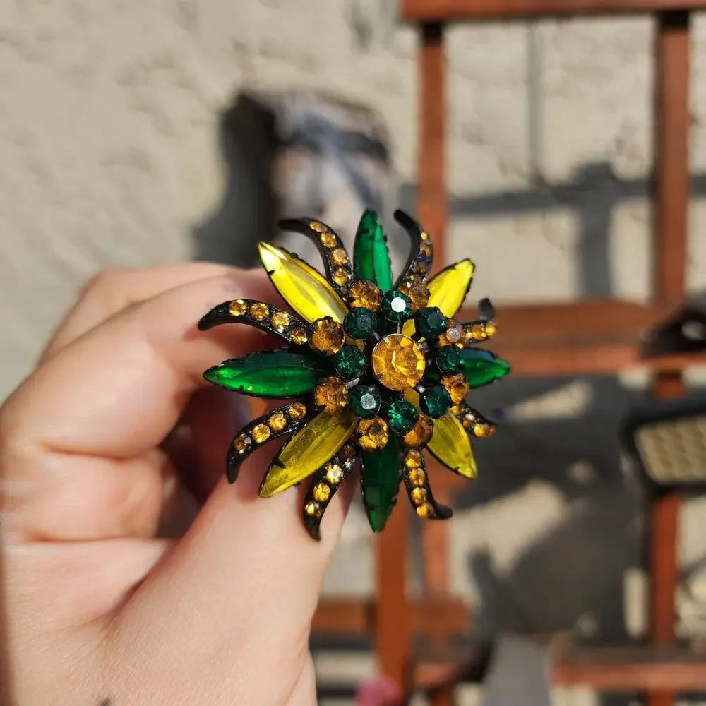 Vtg Selro Selini Brooch Japanned Amber Green Yellow Glass Marquise Rhinestones